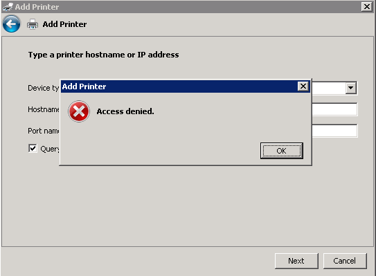 доступ закрыт для попытки добавить принтер sbs 2008